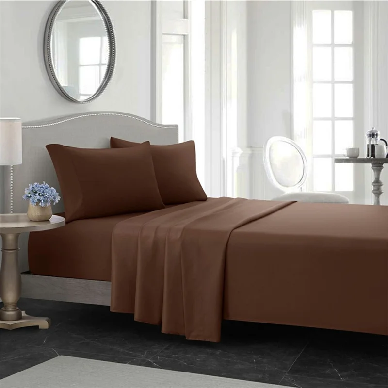 4-Piece Full Size Bed Fitted Sheets Set Fleece Pillowcases Bedding Flat Sheet Kit - Coffee