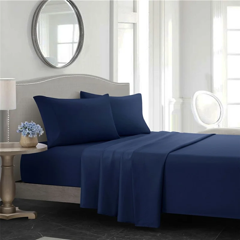 4-Piece Full Size Bed Fitted Sheets Set Fleece Pillowcases Bedding Flat Sheet Kit - Dark Blue