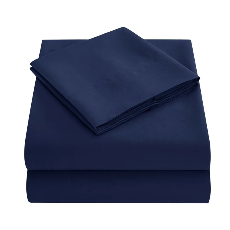 4-Piece Full Size Bed Fitted Sheets Set Fleece Pillowcases Bedding Flat Sheet Kit - Dark Blue
