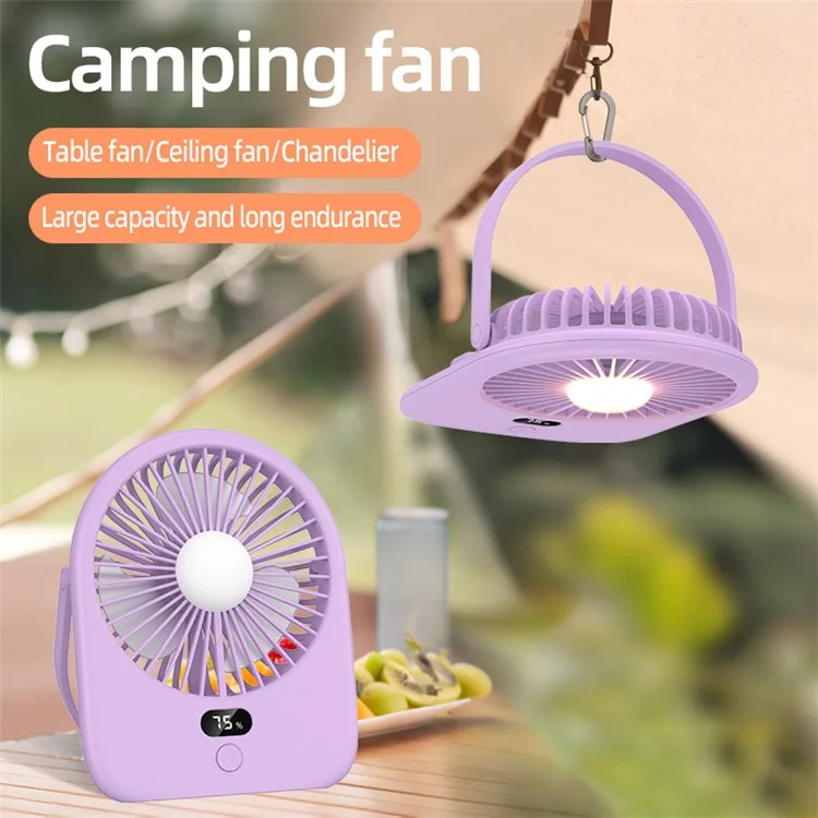 Rechargeable Silent Fan 1-5 Gear Desktop Fan Outdoors Small Camping Night Light - Purple