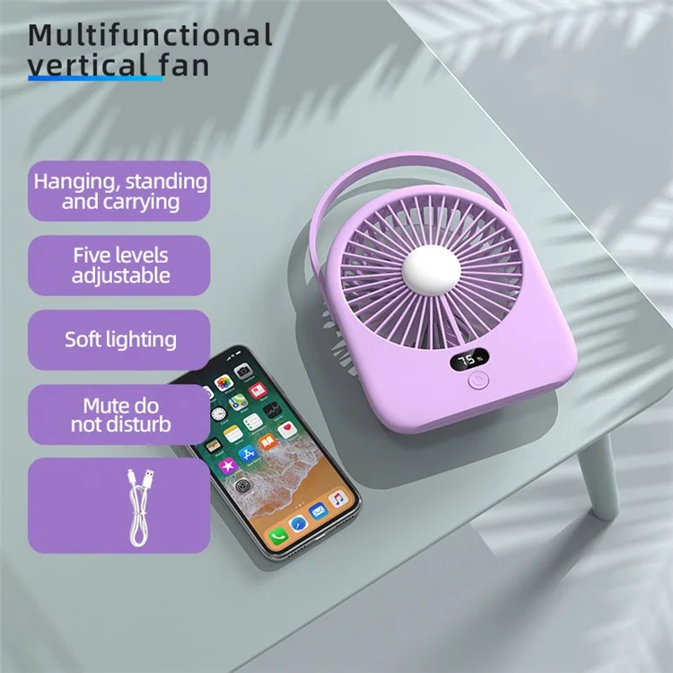 Rechargeable Silent Fan 1-5 Gear Desktop Fan Outdoors Small Camping Night Light - Purple