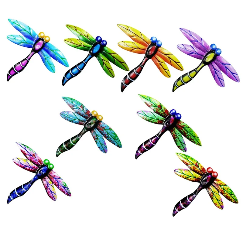 8Pcs 11.5x0.3x8.7cm QT1124 Iron Dragonfly Wall Decor 3D Colorful Dragonfly Wall Art Sculpture with Hook