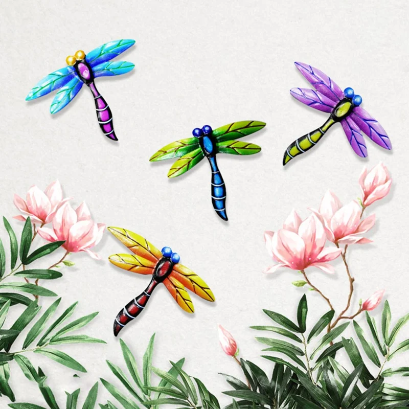 8Pcs 11.5x0.3x8.7cm QT1124 Iron Dragonfly Wall Decor 3D Colorful Dragonfly Wall Art Sculpture with Hook