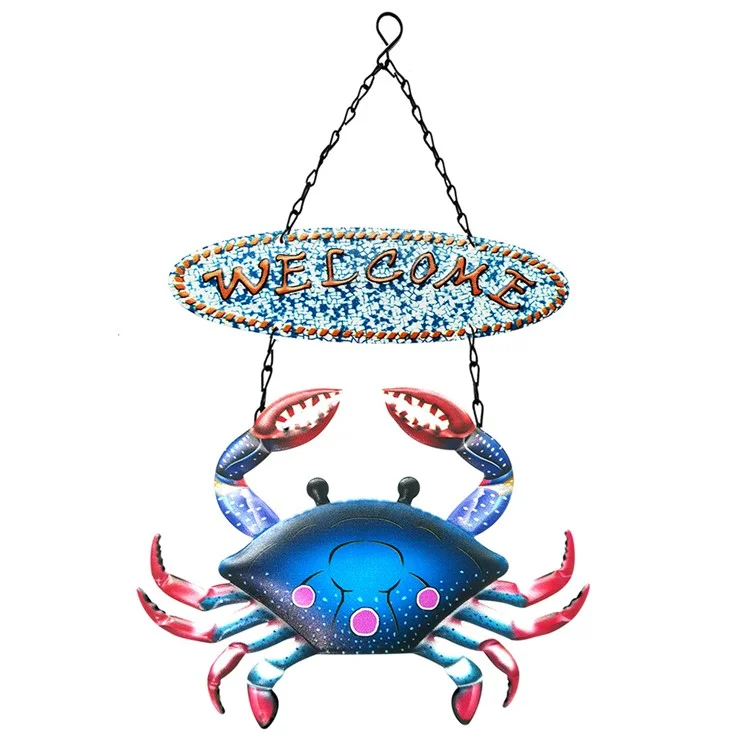 YY220117 Welcome Sign Crab Door Hanging Decor Iron Art Garden Park Home Ornament - Blue