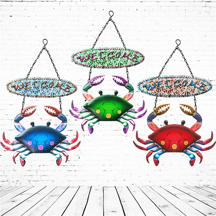 YY220117 Welcome Sign Crab Door Hanging Decor Iron Art Garden Park Home Ornament - Blue