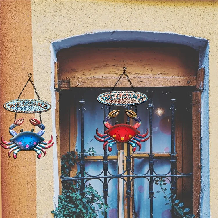 YY220117 Welcome Sign Crab Door Hanging Decor Iron Art Garden Park Home Ornament - Blue