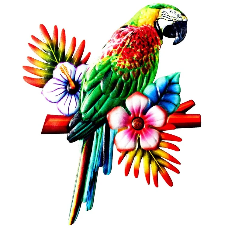 YY1239 Parrot and Flower Iron Art Wall Hanging Decor Garden Yard Ornament, 21x1x27cm - Red