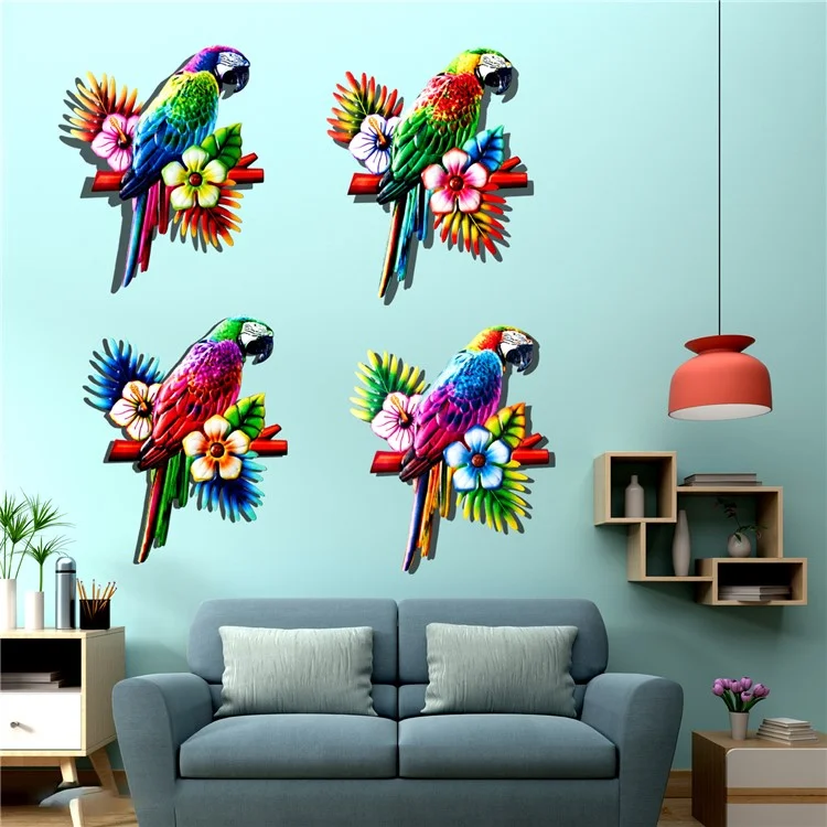 YY1239 Parrot and Flower Iron Art Wall Hanging Decor Garden Yard Ornament, 21x1x27cm - Red