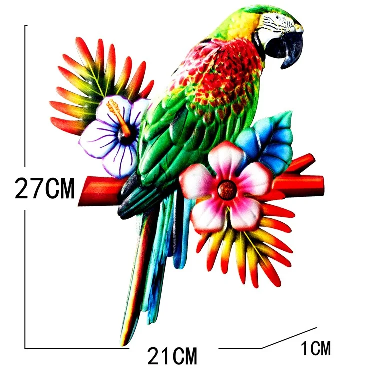 YY1239 Parrot and Flower Iron Art Wall Hanging Decor Garden Yard Ornament, 21x1x27cm - Red