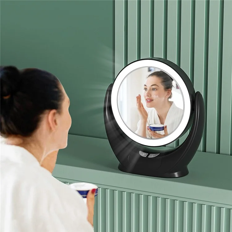 Multifunction Desktop Makeup Mirror with Dimmable LED Fill Light and Fan (No Battery) - Black
