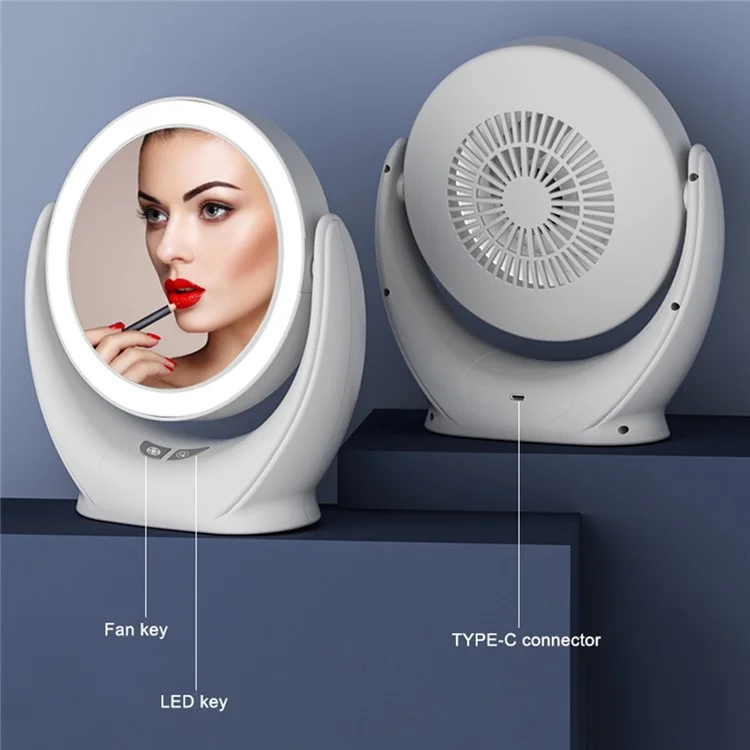 Multifunction Desktop Makeup Mirror with Dimmable LED Fill Light and Fan (No Battery) - Black