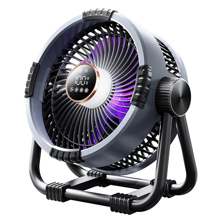Ventilador de camping M65 al aire libre, ajustable en ángulo, colgable, con luz nocturna - Gris