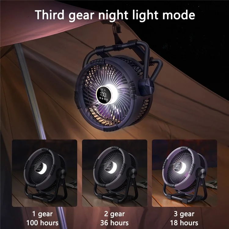 Ventilador de camping M65 al aire libre, ajustable en ángulo, colgable, con luz nocturna - Gris