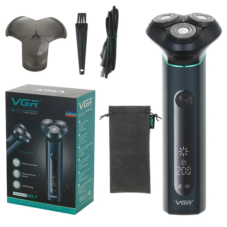 Rasoir électrique intelligent rechargeable par USB VGR V-310 à trois têtes avec affichage numérique LCD