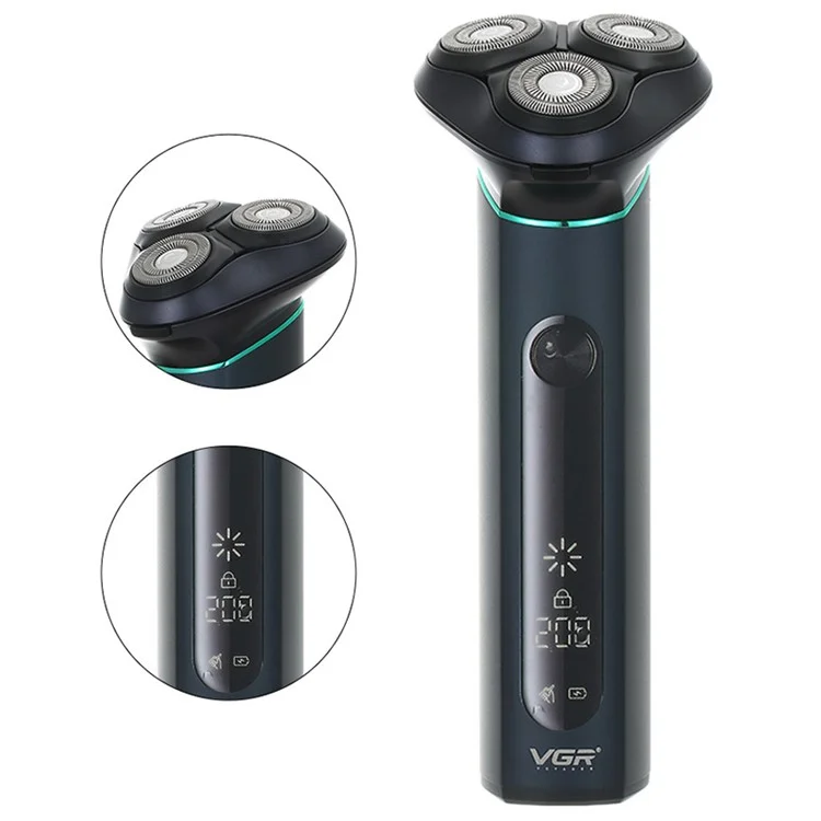 Rasoir électrique intelligent rechargeable par USB VGR V-310 à trois têtes avec affichage numérique LCD