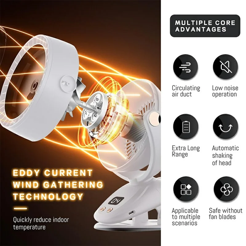 6 Gears Adjustable Clip On Bladeless Fan Rechargeable Desktop Fan ( Built In 3600mAh Battery ) - Milky White