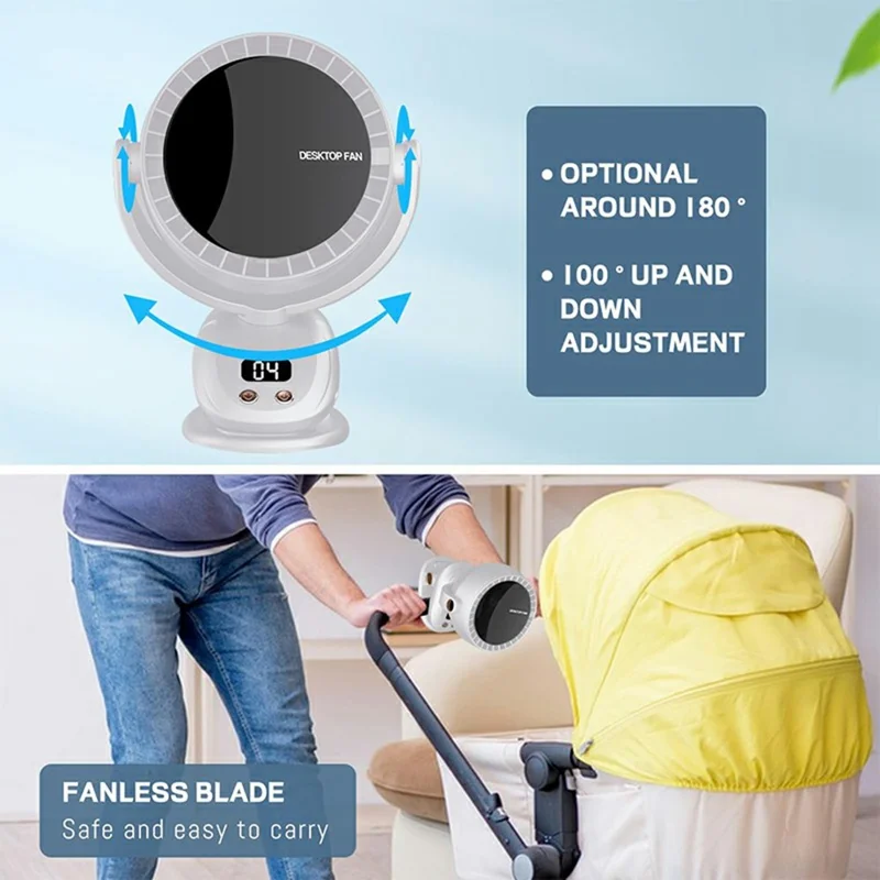 6 Gears Adjustable Clip On Bladeless Fan Rechargeable Desktop Fan ( Built In 3600mAh Battery ) - Milky White