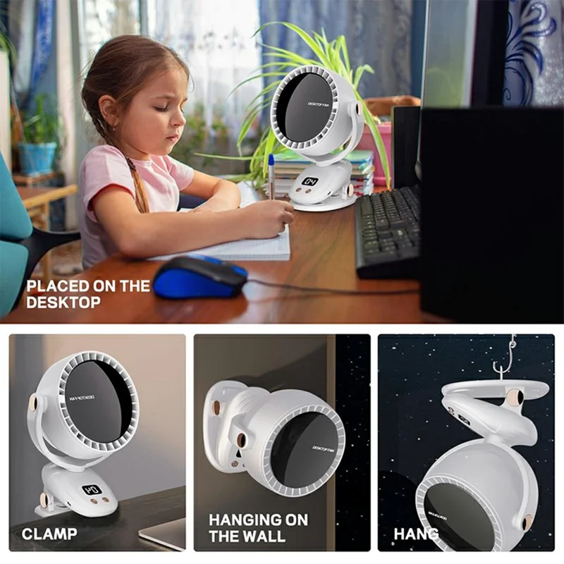 6 Gears Adjustable Clip On Bladeless Fan Rechargeable Desktop Fan ( Built In 3600mAh Battery ) - Milky White