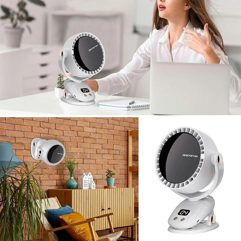 6 Gears Adjustable Clip On Bladeless Fan Rechargeable Desktop Fan ( Built In 3600mAh Battery ) - Milky White