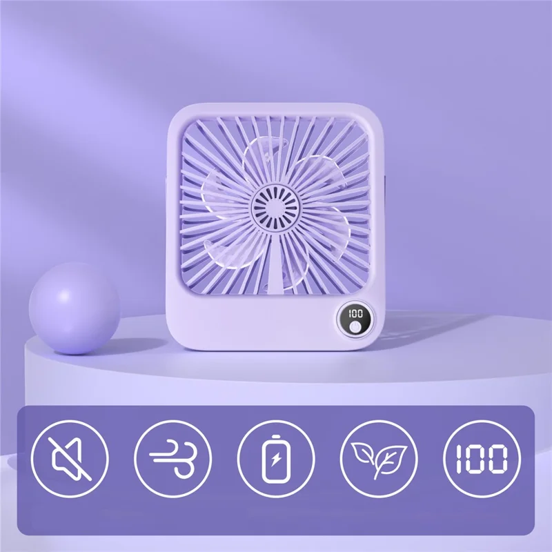 W30 2000mAh Portable Desk Fan Ultra Thin Wall Mount 5 Speed Digital Display Personal Fan - Purple