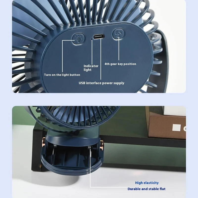 6 Inch Desk Fan with Ambient Light 1200mAh 3 Speeds Adjustable Clip Fan for Dorm Office - Navy Blue
