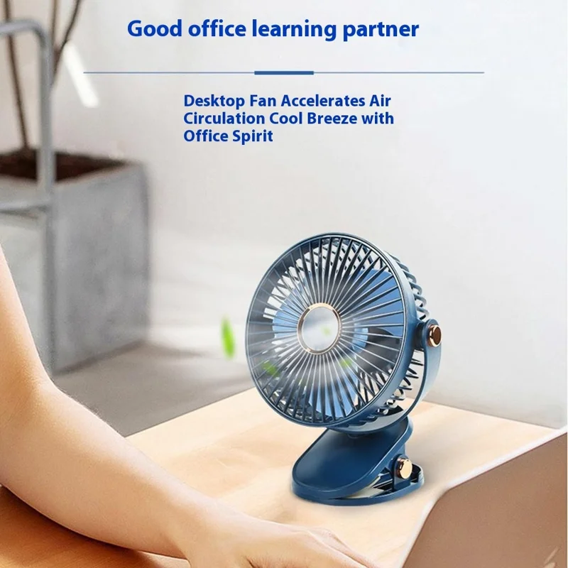6 Inch Desk Fan with Ambient Light 1200mAh 3 Speeds Adjustable Clip Fan for Dorm Office - Navy Blue