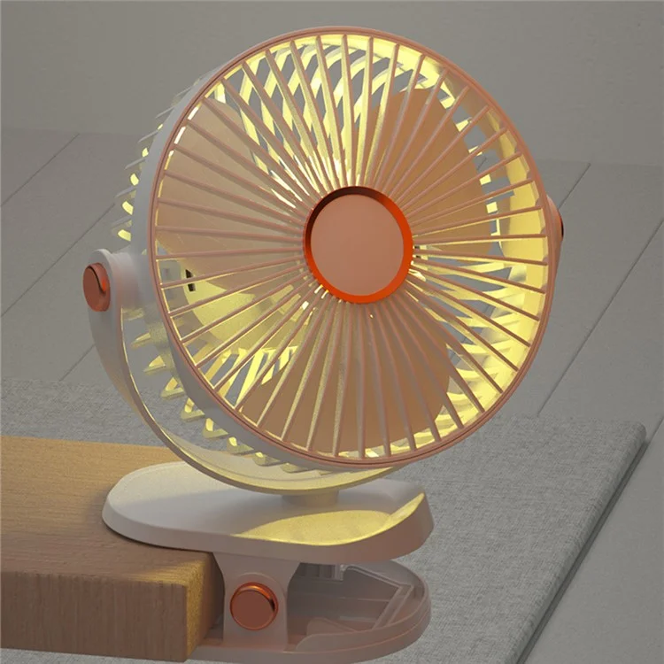 Ventilateur de bureau à clip de 6 pouces avec lumière d'ambiance, 6 vitesses, rechargeable par USB, portable - Rose