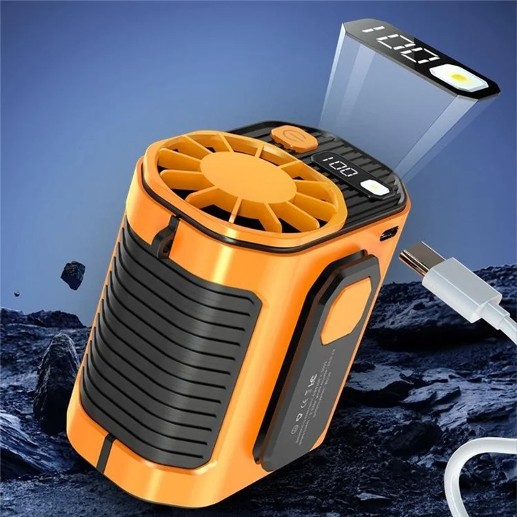 M336 Digital Display Belt Fan Portable Waist Clip Fan with LED Flashlight for Outdoor Camping Working - Orange