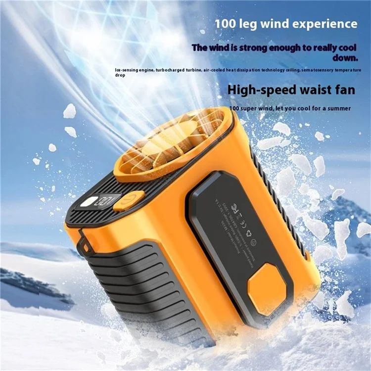 M336 Digital Display Belt Fan Portable Waist Clip Fan with LED Flashlight for Outdoor Camping Working - Orange