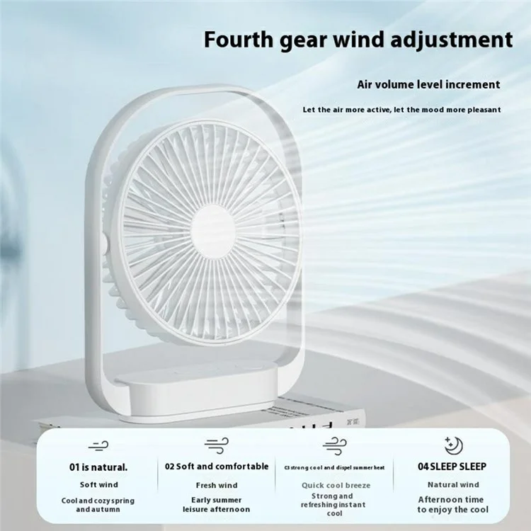 Ventilateur de bureau LK-006 4 Vitesses Réglable Mini Ventilateur Rechargeable avec Veilleuse (Batterie Intégrée de 2000mAh) - Noir