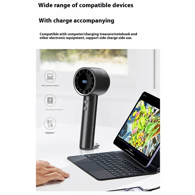 USB Rechargeable Handheld Fan with Ice Cooling  /  Digital Display  /  Turbo Speed  /  5 Adjustable Speeds - White