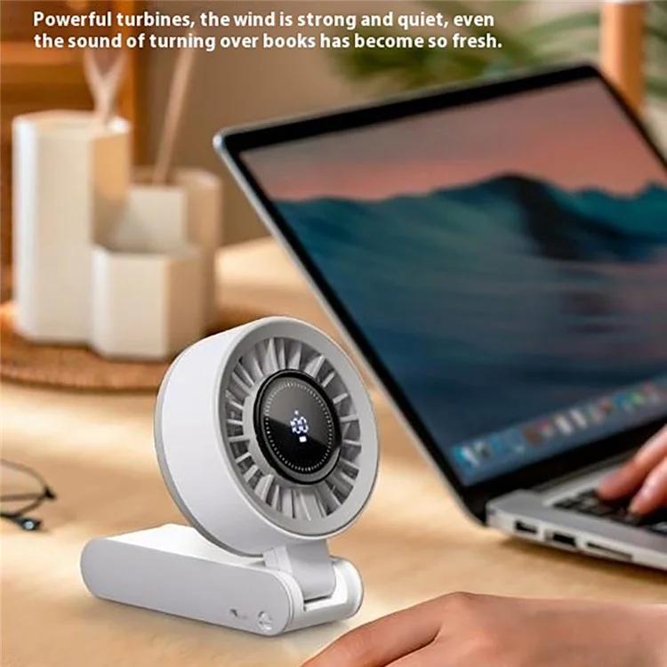 Handheld Digital Display Outdoor Fan 100 Speed Settings Foldable Desk  /  Neck Fan Portable Quiet Cooling Fan - White