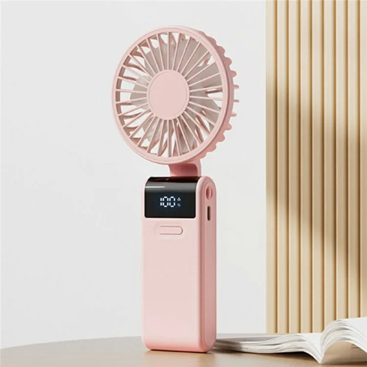Handheld Ultra Thin Fan Rechargeable Desktop Folding Fan Digital Display Neck Hanging Mini Fan - Pink
