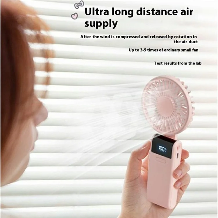 Handheld Ultra Thin Fan Rechargeable Desktop Folding Fan Digital Display Neck Hanging Mini Fan - Pink