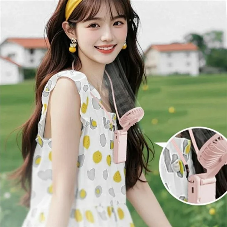 Handheld Ultra Thin Fan Rechargeable Desktop Folding Fan Digital Display Neck Hanging Mini Fan - Pink