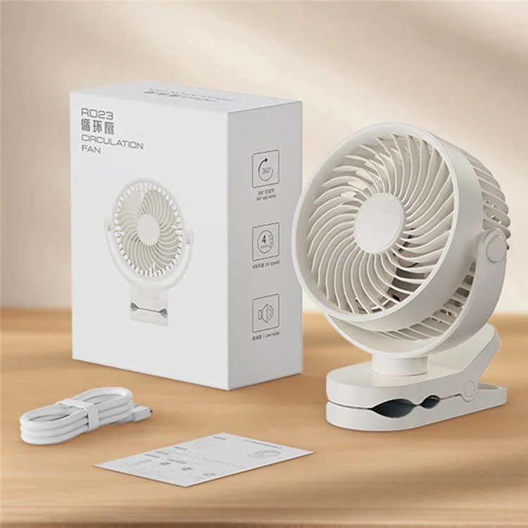 RD23 Ventilatore da Tavolo con Clip Silenzioso Oscillante Ricaricabile via USB con Circolazione d'Aria - Nero