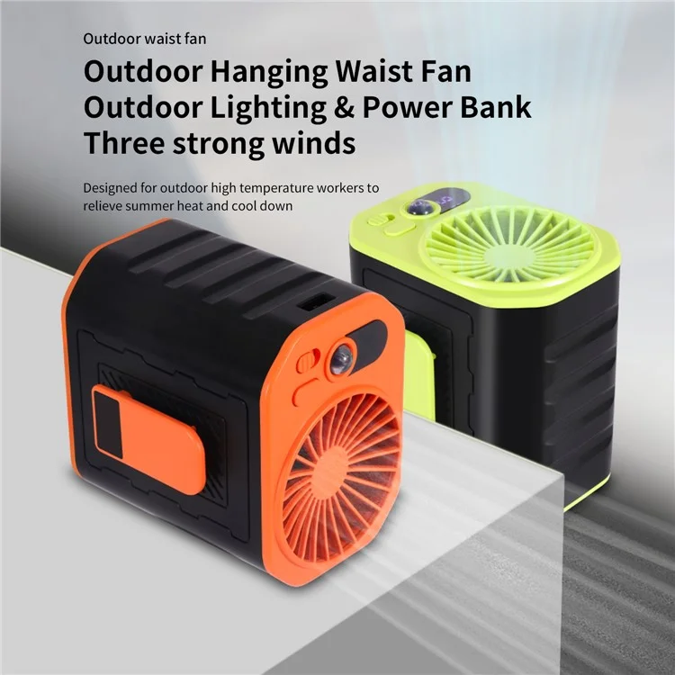 Ventilateur de taille portable rechargeable 3 vitesses avec batterie externe et lampe torche LED - Noir+Vert