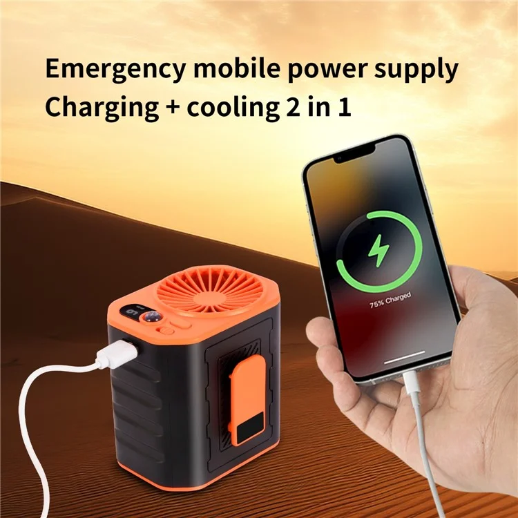 Ventilateur de taille portable rechargeable 3 vitesses avec batterie externe et lampe torche LED - Noir+Vert