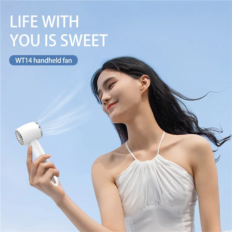 WT14 Mini Handheld Fan Portable 3 Speed Brushless Motor Mute Cooling Fan for Outdoor / Desktop Use - White