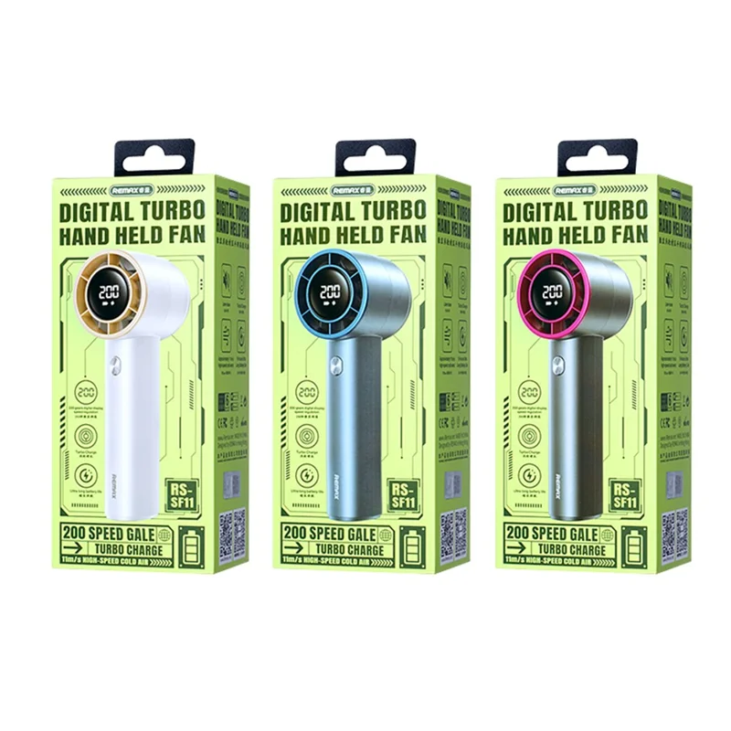 REMAX RS-SF11 Digital Display Handheld High-Speed Fan 3600mAh Battery Powered Turbo Cooling Fan - Navy Blue