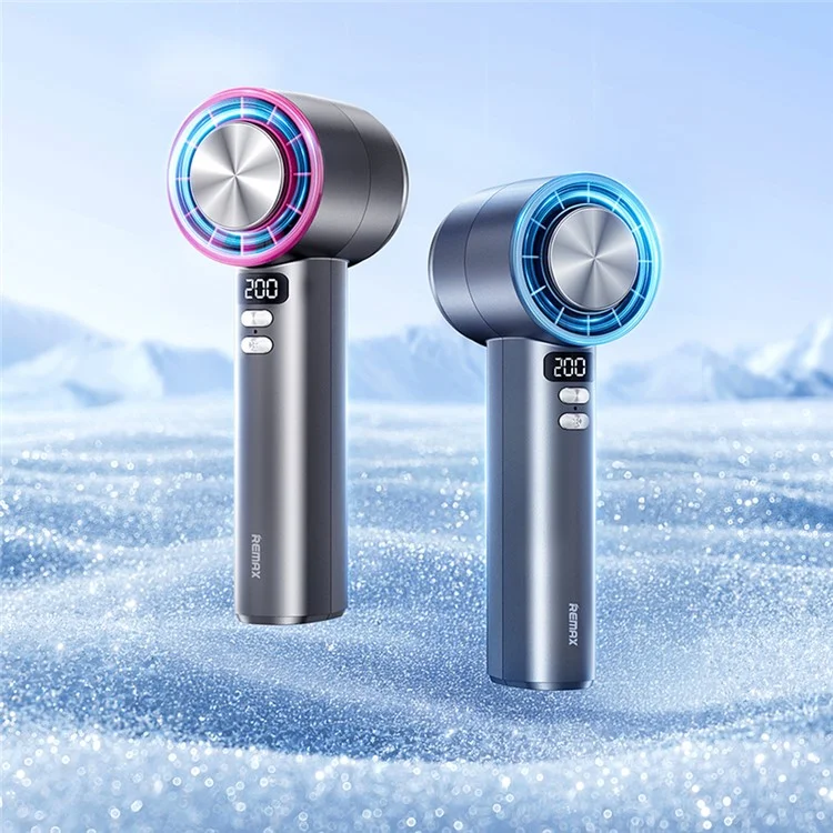 REMAX RS-SF12 Handheld High-Speed Fan with Strap Semiconductor Turbo Boost Digital Display Cooling Fan - Navy Blue