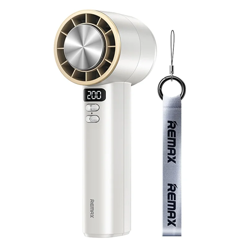 REMAX RS-SF12 Handheld High-Speed Fan with Strap Semiconductor Turbo Boost Digital Display Cooling Fan - White