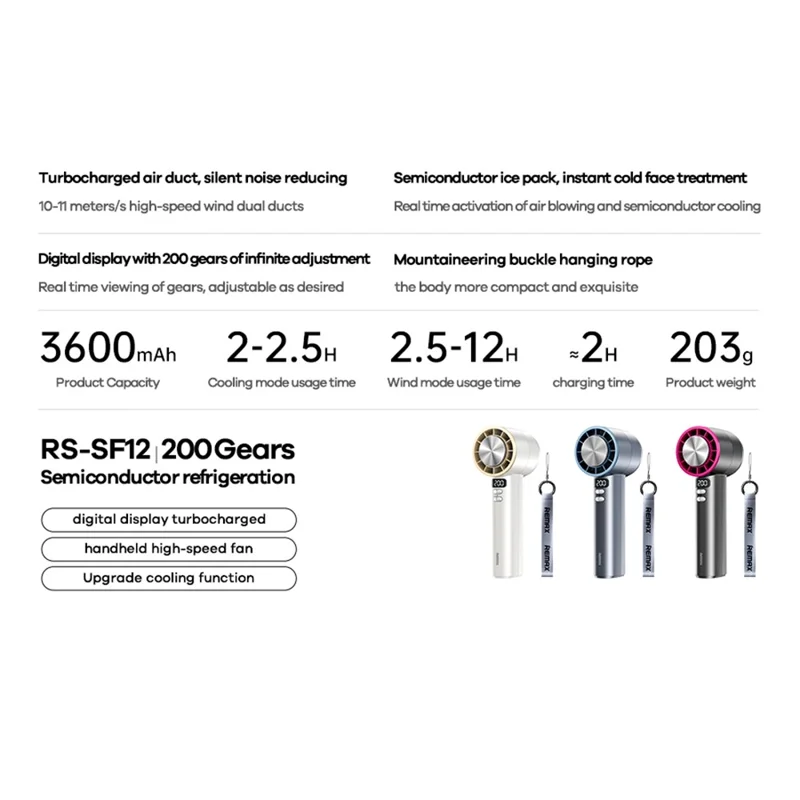 REMAX RS-SF12 Handheld High-Speed Fan with Strap Semiconductor Turbo Boost Digital Display Cooling Fan - White