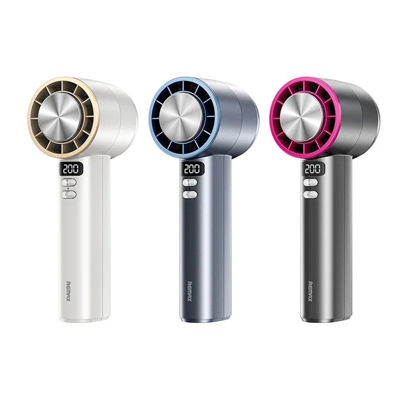 REMAX RS-SF12 Handheld High-Speed Fan with Strap Semiconductor Turbo Boost Digital Display Cooling Fan - White