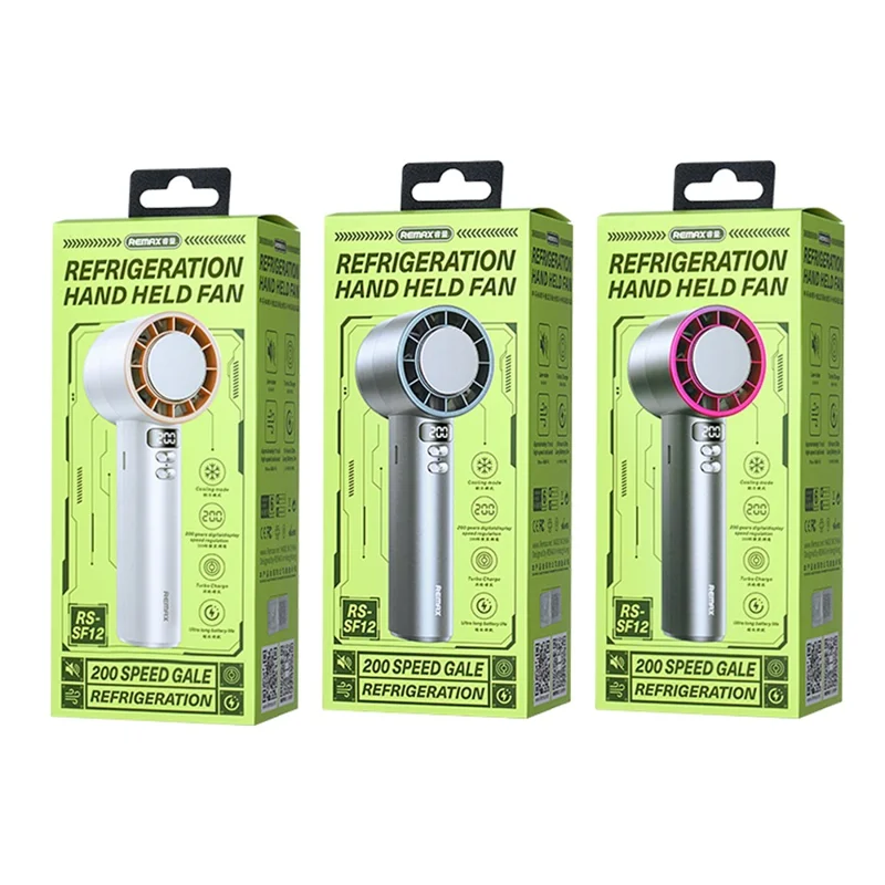 REMAX RS-SF12 Handheld High-Speed Fan with Strap Semiconductor Turbo Boost Digital Display Cooling Fan - White