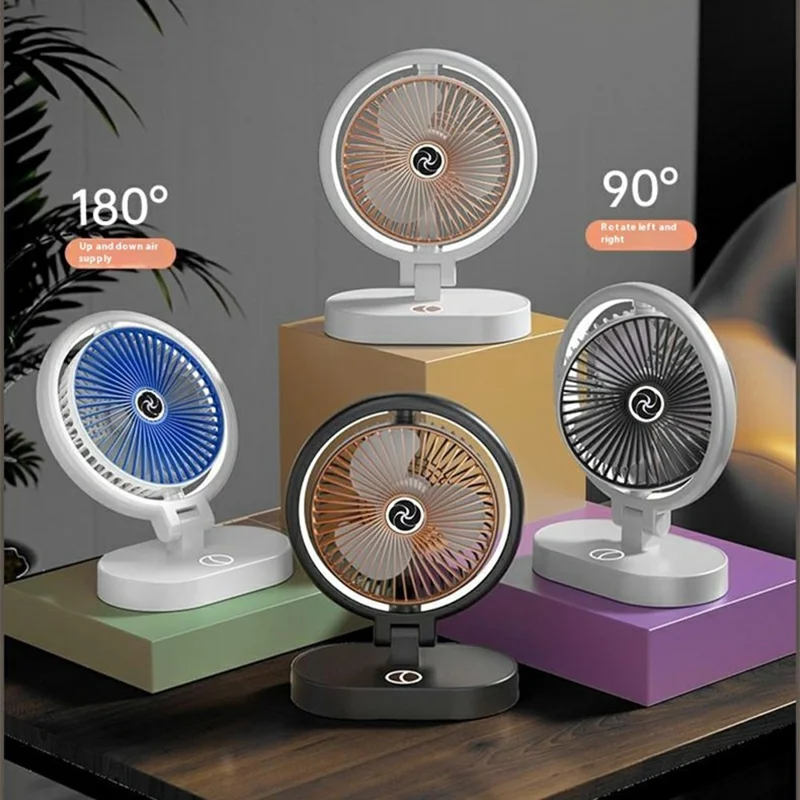 USB Rechargeable Desk Fan 4 Speeds Adjustable Cooling Fan with 3 Gears Night Light - White+Blue