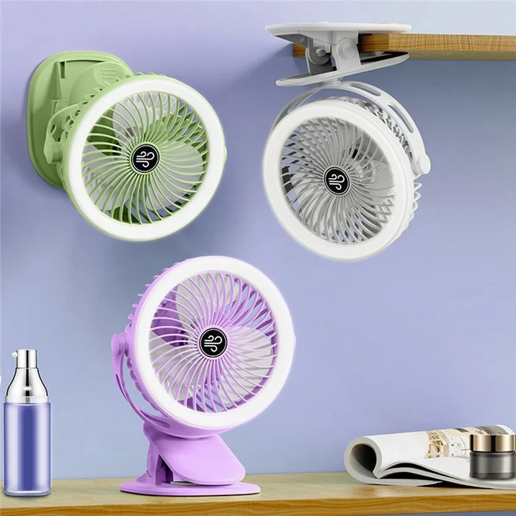 F006 Clip On Desk Fan with Night Light 3 Speeds Adjustable Portable Hanging Fan for Camping Office - White
