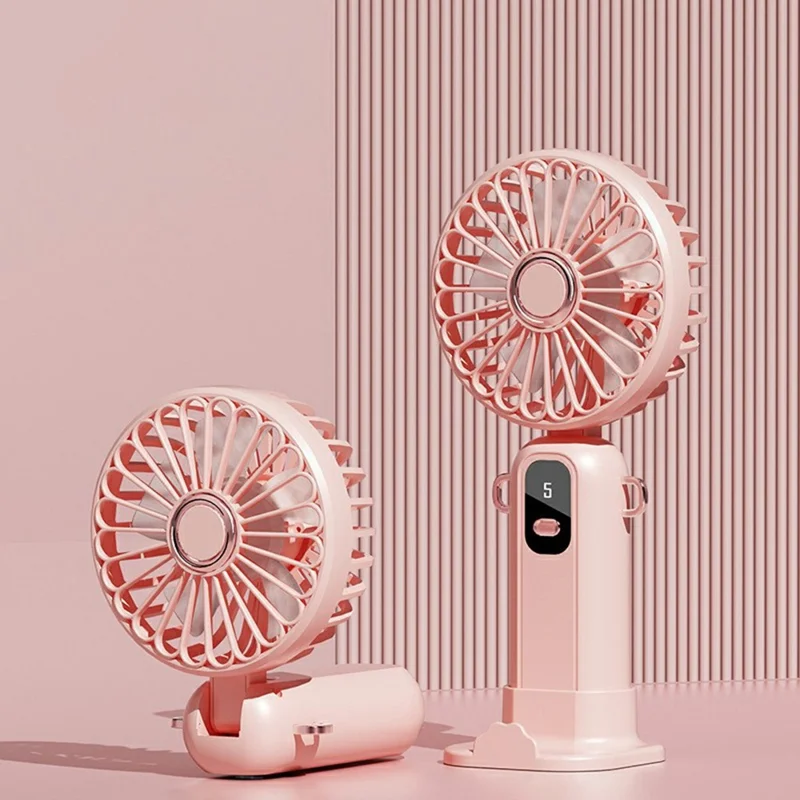 ZD01 LED Display Mini Handheld Fan 5 Speeds Adjustable Foldable Cooling Fan with Phone Holder - Pink