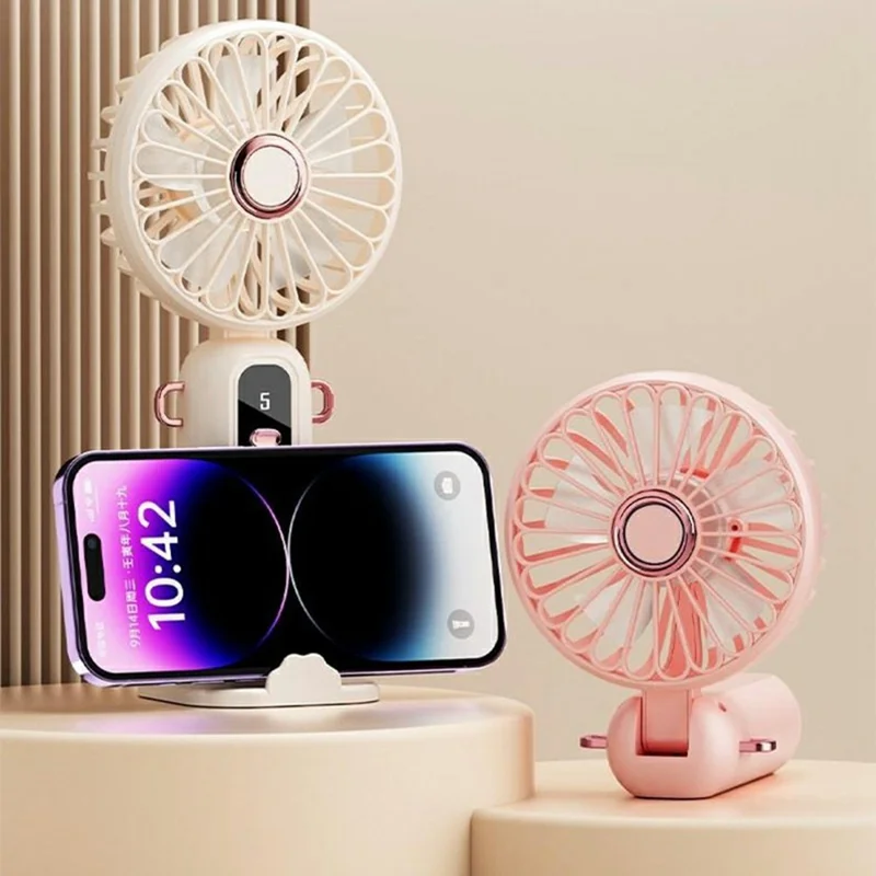 ZD01 LED Display Mini Handheld Fan 5 Speeds Adjustable Foldable Cooling Fan with Phone Holder - Pink
