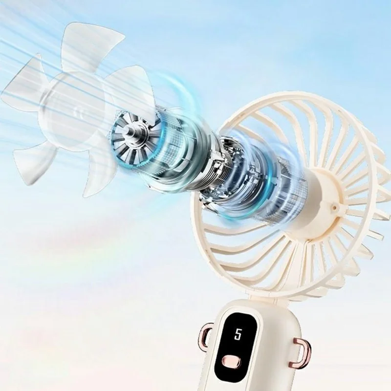 ZD01 LED Display Mini Handheld Fan 5 Speeds Adjustable Foldable Cooling Fan with Phone Holder - Pink